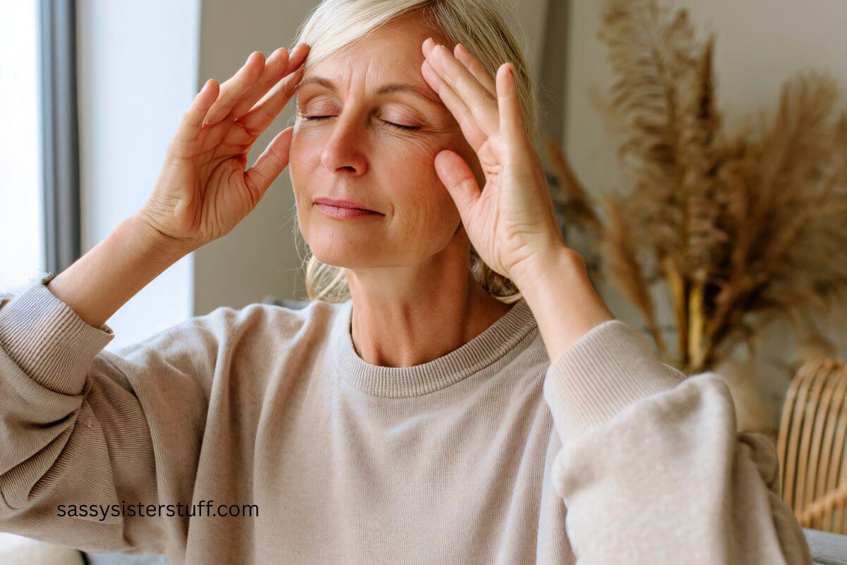 midlife woman holds her fingers to her temples as she thinks about her favorite mindfulness quotes help her focus.