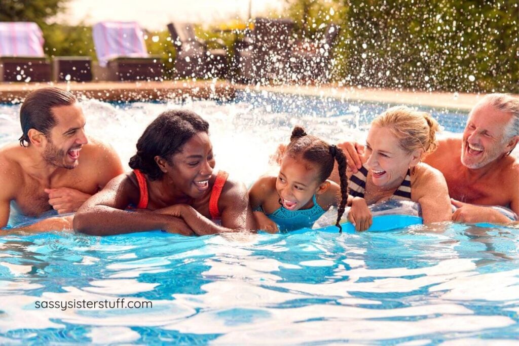 multigenerational family in the pool at their hotel.