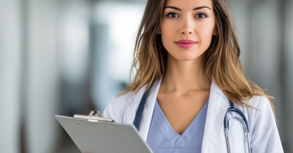female doctor getting ready to treat a patient.