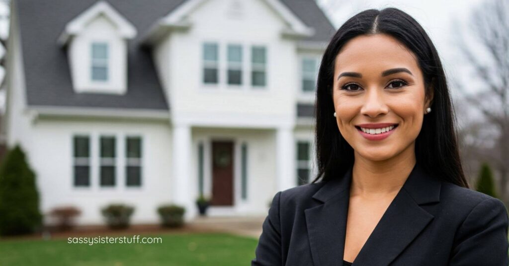 real estate agent stands in front of a house she just listed for sale.