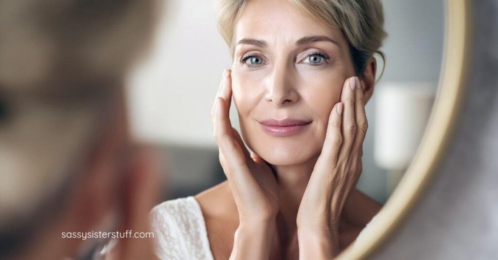 midlife woman smiling at her reflection in the mirror.