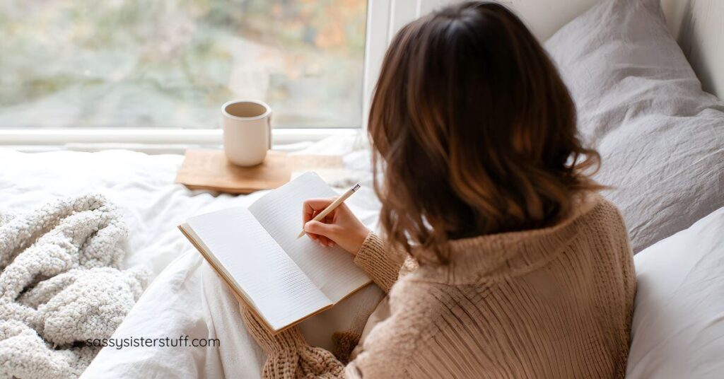 woman journaling as part of a midlife reflection.