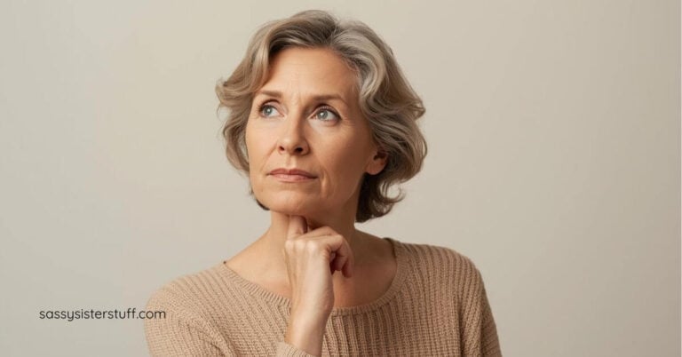 middle aged woman with her hand up to her chin pondering the identity wobble she is experiencing.