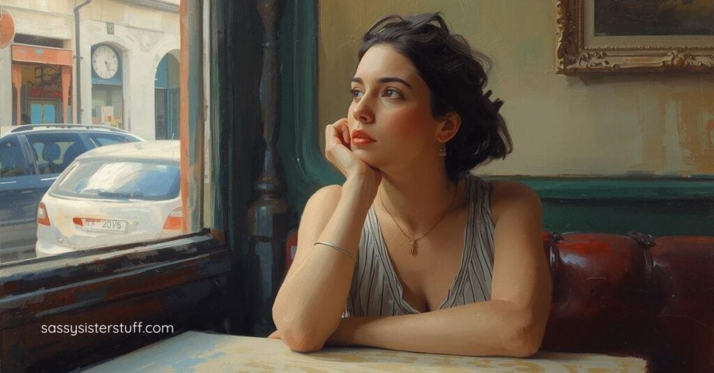 woman sittting at diner table looking out the window wondering who she is anymore?