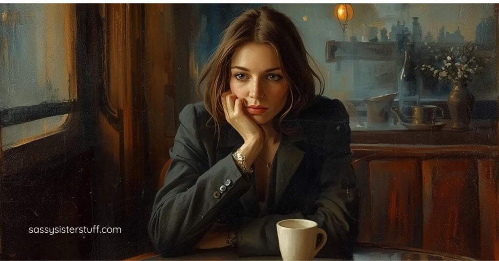 woman drinking tea pondering the identity wobble she is experiencing.