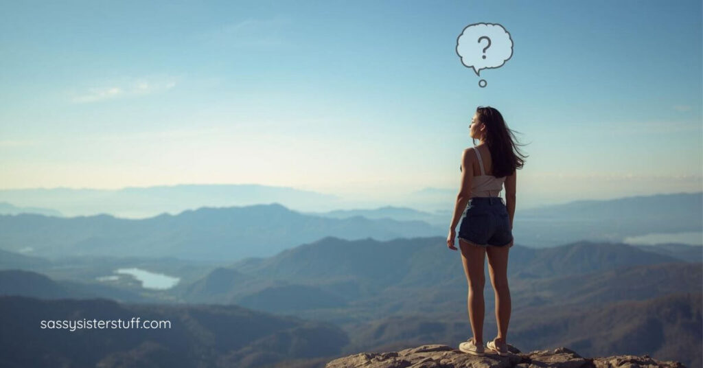 woman standing on a clib in the mountains and a question mark over her head, pondering the identity wobble she is experiencing.