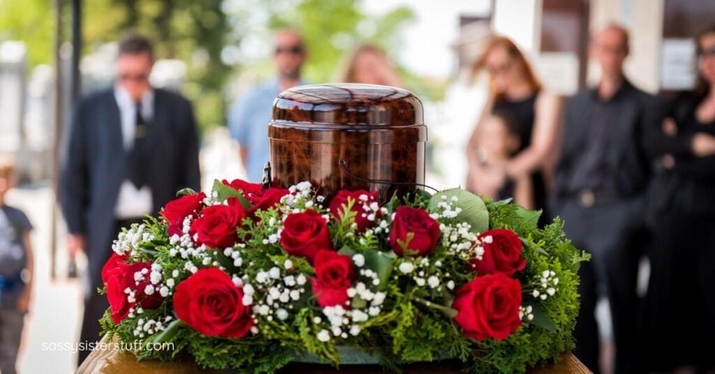 an urn of ashes surrounded by red roses and white baby's breath with blurred out people in the background at the memorial service.