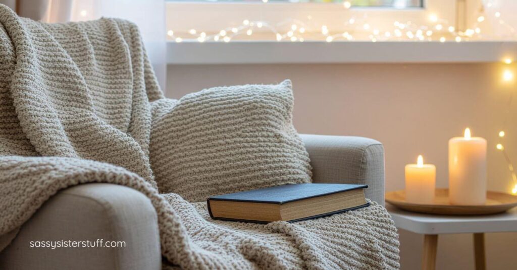 cozy chair with candles burning and a book.