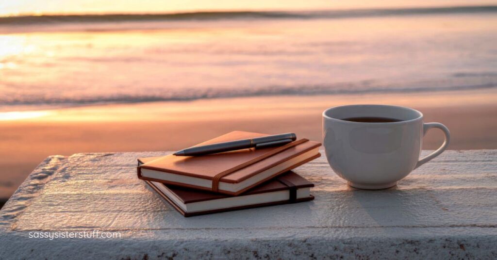 close up of coffee, journal,and a pen sitting on a bench by the shore.