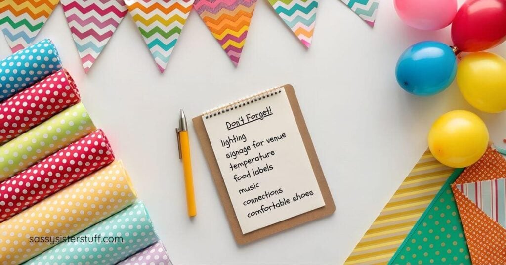 flat lay of party supplies and a list for planning and hosting a party that says Don't Forget!