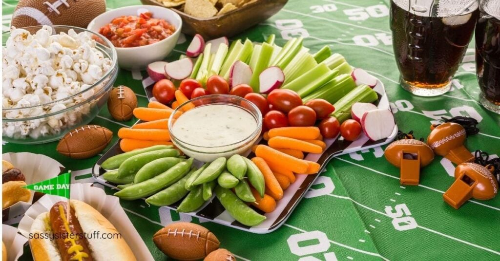 closeup of food for a football themed party.