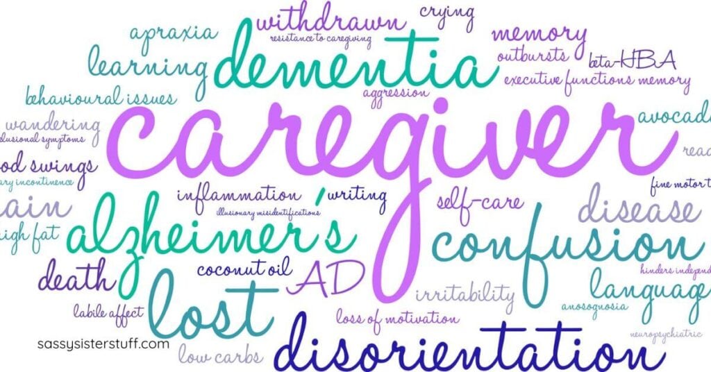 a word puzzle of words associated with caregiving and dementia.