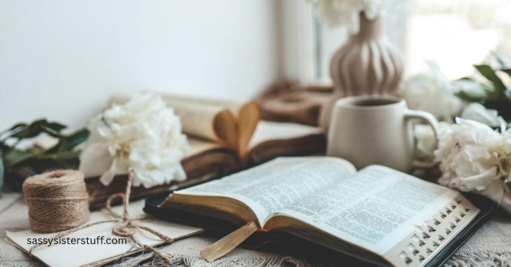 Bible opened on a small table with other faith-based decor ideas for the home.