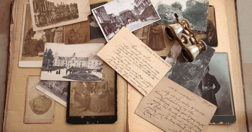 old photos in an album and old letters.