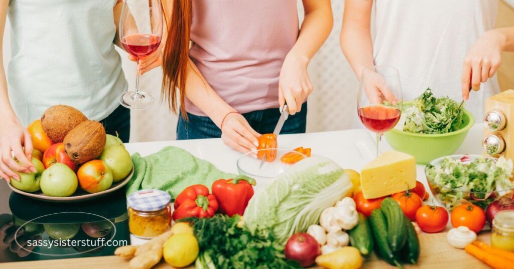 three friends cutting vegetables for their cooking class.