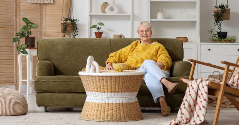 woman enjoys her sitting rooms after doing some simple home upgrades for healthy aging.