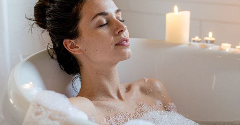 close up of woman sitting in a bubble bath with candles around it for a mental reset.