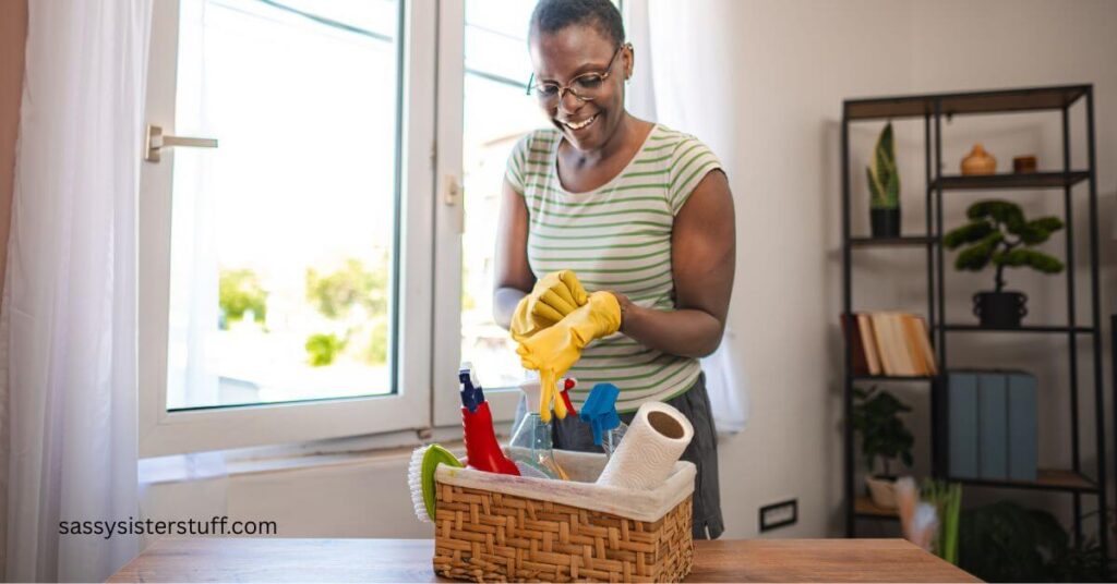 midlife woman puts her rubber gloves on to clean, with a basket of supplies next to her.