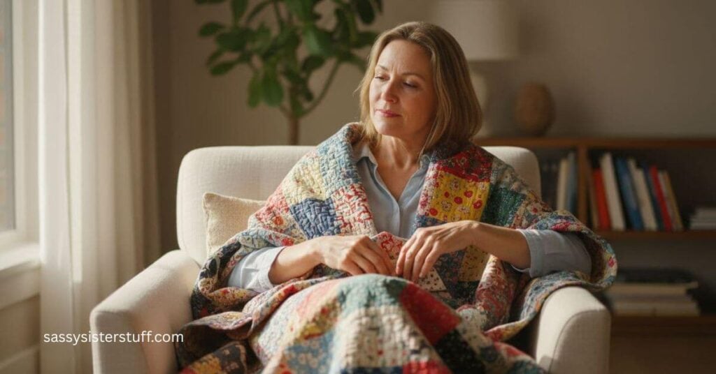 woman who has been working on a midlife heirloom audit wrapped up in a quilt that has been passed down from a previous generation.