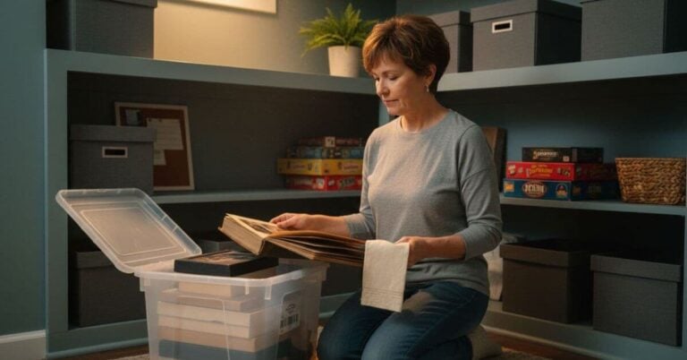 woman kneeling in a corner doing a midlife heirloom audit as she goes through old pictures.