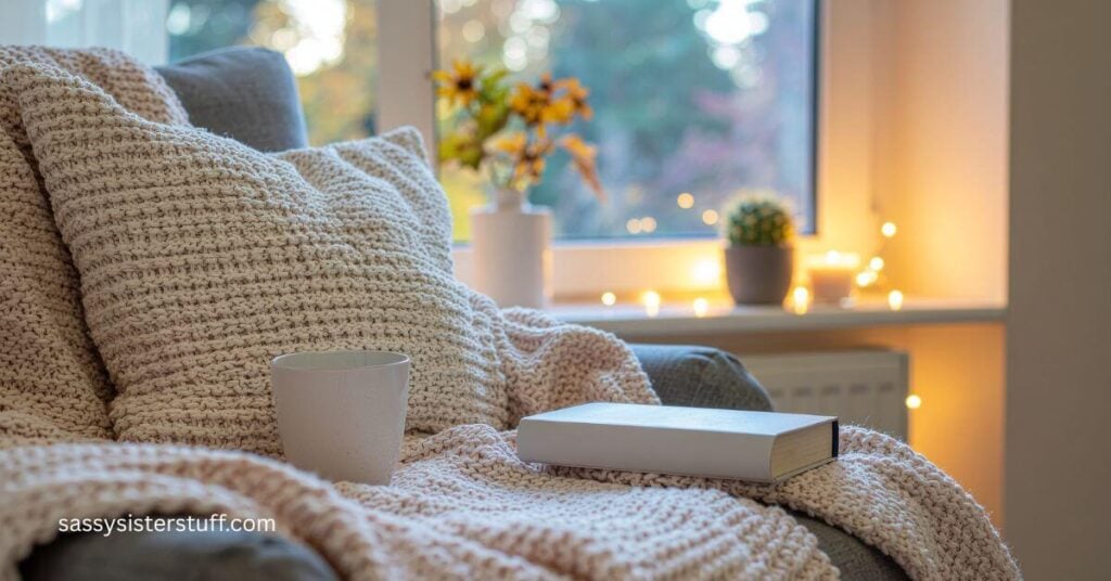 a reading nook with fairy lights and plants on a windowsill, a soft pillow and blanket on a chair next to the window.