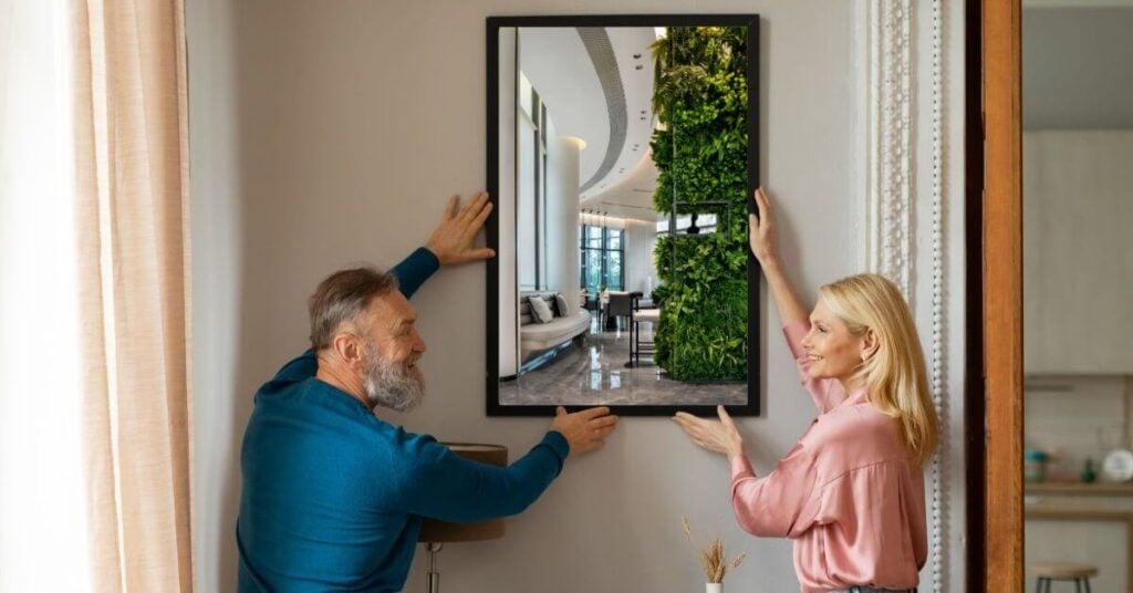 Midlife husband and wife hang a new picture on the wall as they refresh their home when the kids move out.
