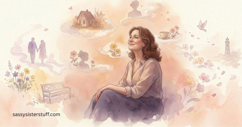watercolor image of a woman with a smile on her face thinking about memories that are scattered around her.