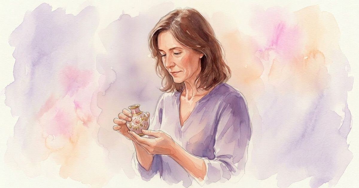 middle aged woman looking at a vase on her hand trying to decide what to keep during a life reset.