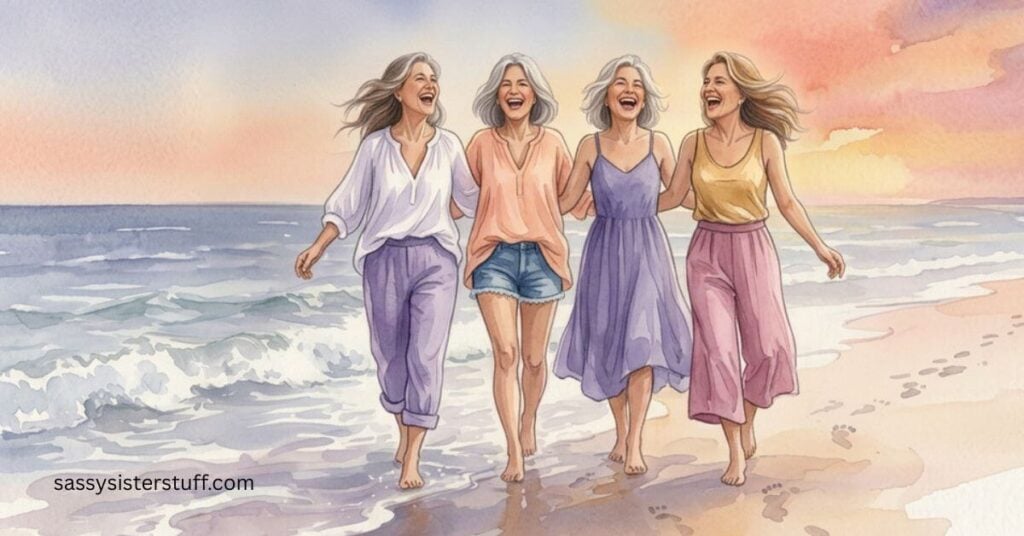 four women walking along beach making memories.