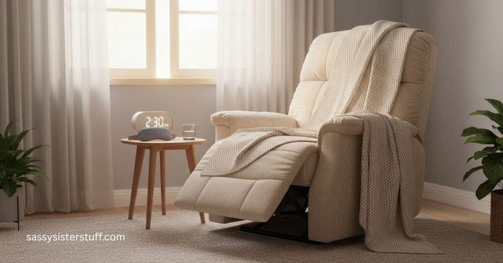 a cozy setup for a nap the right way in midlife, with a clock, low light, a blanket, and recliner chair.