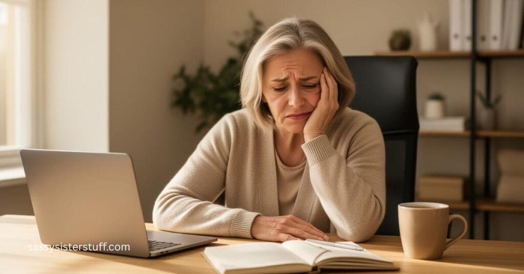 a middle aged woman rests her head on the palm of her hand at her desk because she needs a midday nap.