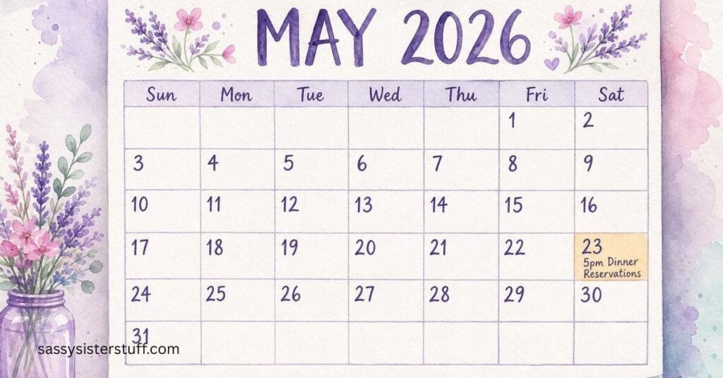 May 2026 calendar with 5pm Dinner Reservations on May 23.