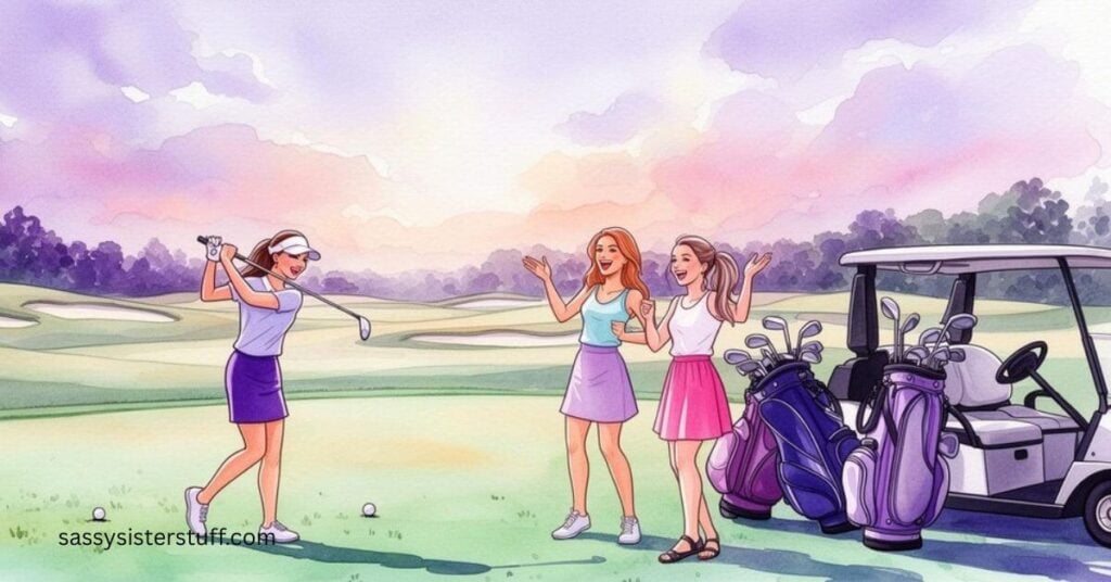 three women playing golf together.