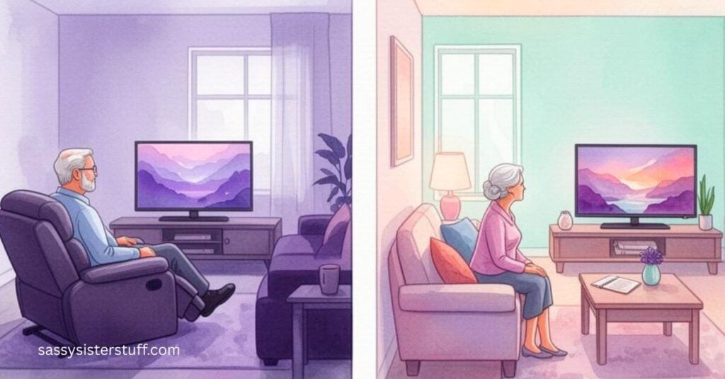 middle aged couple watching TV in different rooms to keep peace at home after retirement.