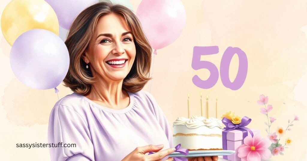 a woman celebrating her 50th birthday with a cake, gift, and flowers.