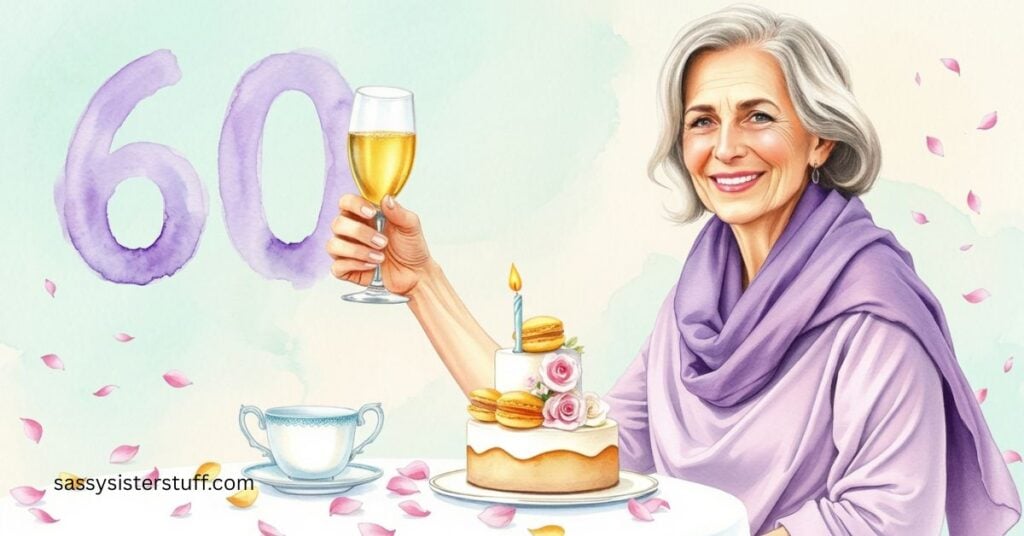 a 60 year old woman holding up a glass of champagne as she celebrates her birthday with a small cake.
