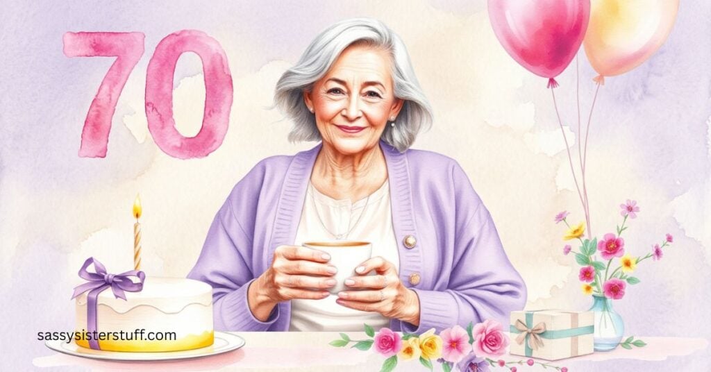 a 70 year old sits with a birthday cake and some flowers and balloons.