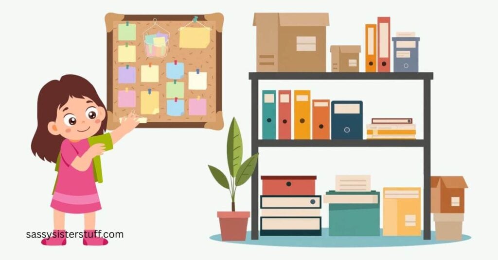 cartoon of girl putting sticky notes on a bulletin board and a very organized shelving unit with boxes and files.