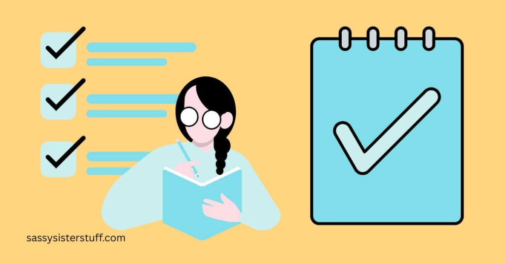 cartoon image of lady checking off a checklist and a notebook with a check mark on the front.