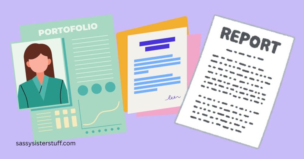 cartoon image of three different kinds of reports that you should have a special file for as described in the text of tips to help you stay organized.