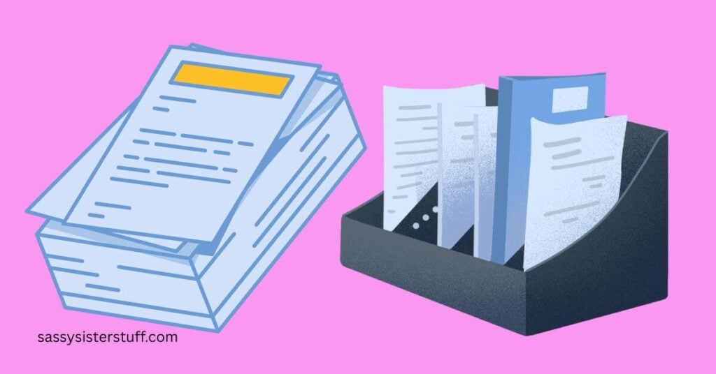 cartoon image of a file box you would put on your desk for to-do projects, and a box to organize files.