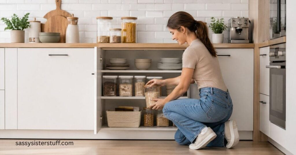 woman organizing her kitchen.