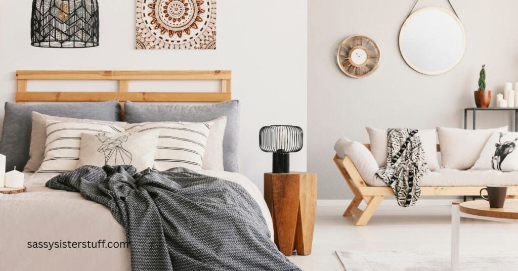 a simple, uncluttered bedroom and living room that shows what hygge means in Denmark.