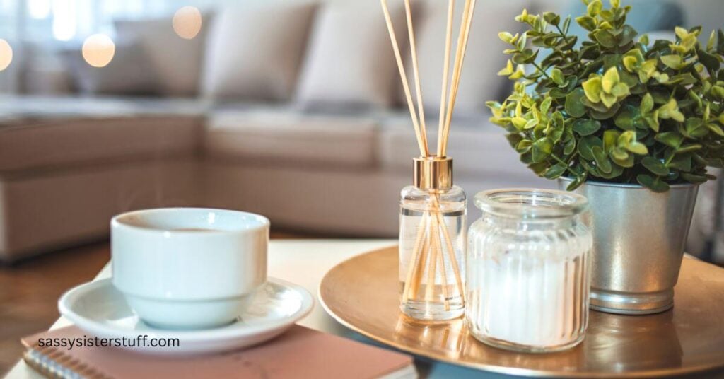 a close up of a cup of tea, sugar, essence, and a green plant for a calming environment.