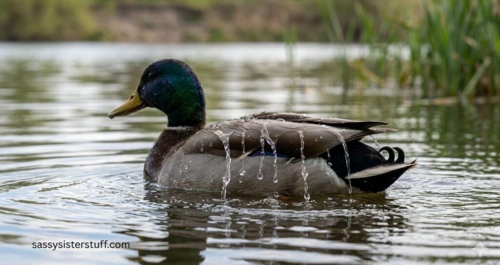 mallard duck in a lake with water running off its back.