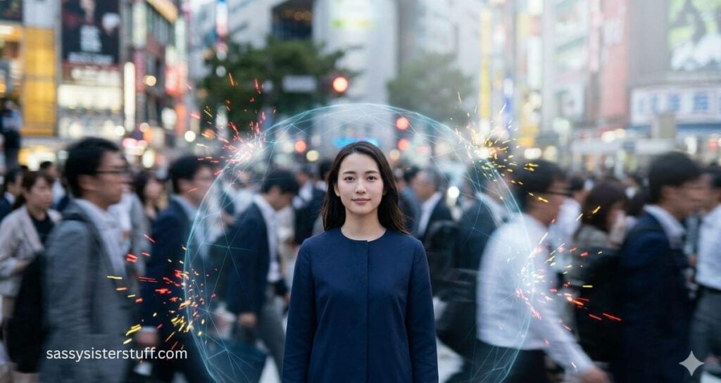 woman in a bubble on a busy street because she needs to stop taking things so personally and monitor her emotionally.