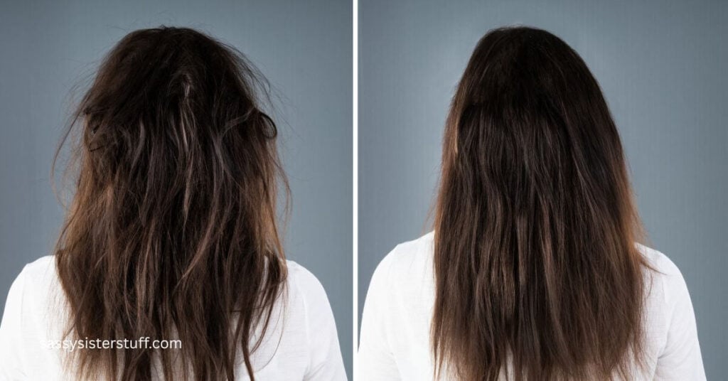two pictures of the back of a woman who has frizzy hair in one and carefully straightened hair in the other.