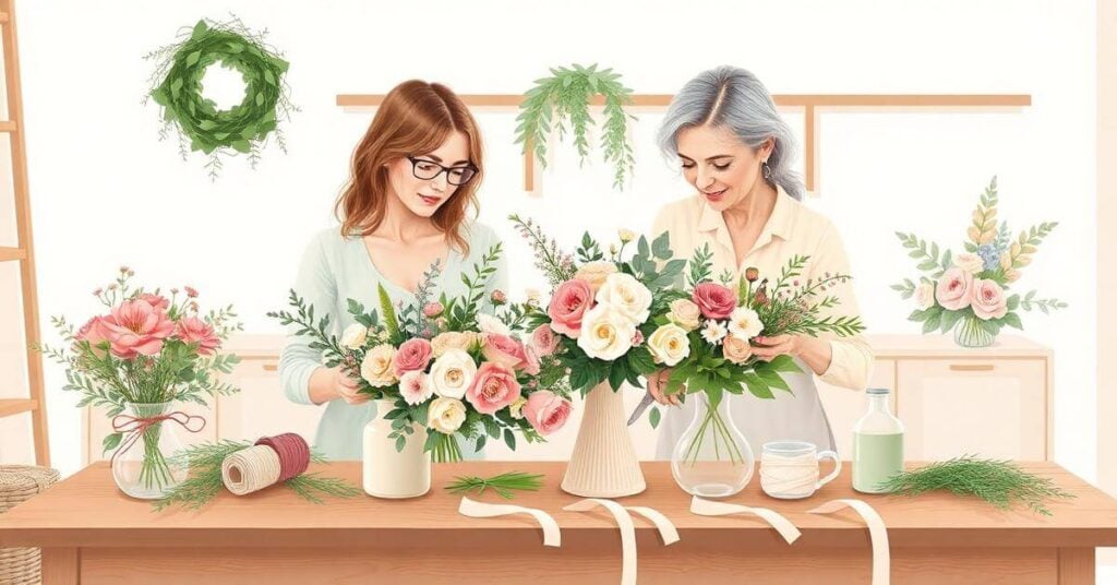 two women starting a new hobby of floral design.