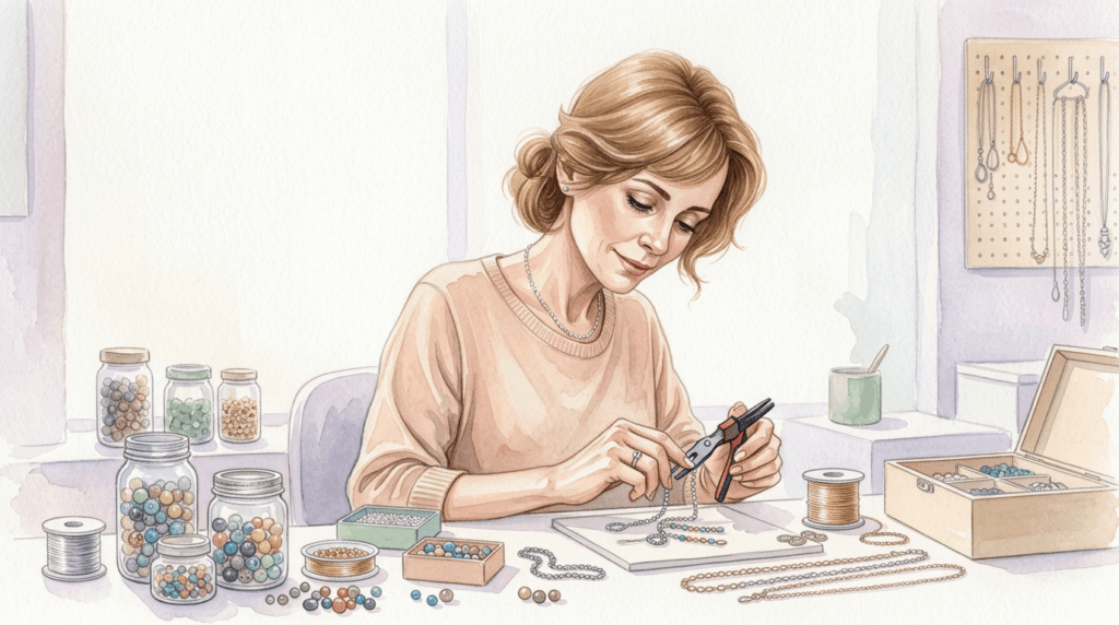 peaceful woman sitting at a desk starting a new hobby of jewelry making.