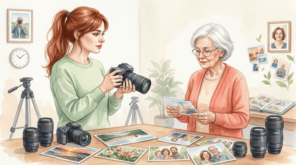 two women reviewing pictures from their photography.